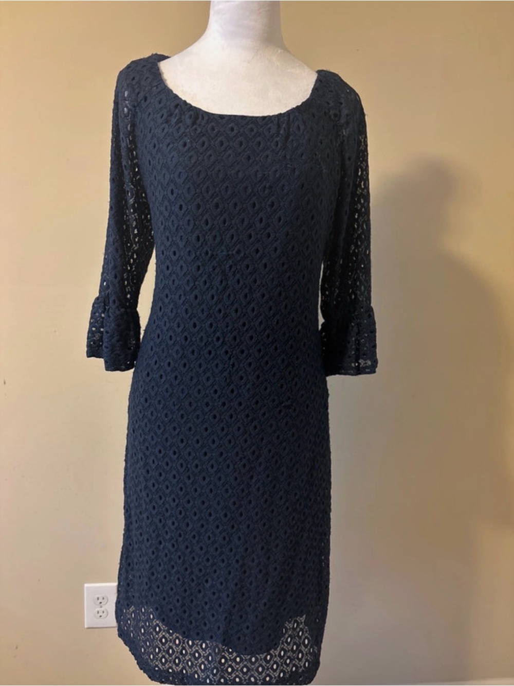 Midnight Velvet Navy Eyelet Lace Sheath Dress with 3/4 Ruffled Sleeves